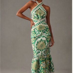 Elegant Green and White Palm Halter Dress
